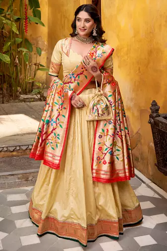 cream paithani silk chaniya choli with zari work