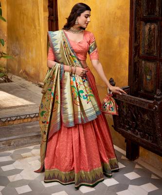 peach paithani silk chaniya choli with zari work 4