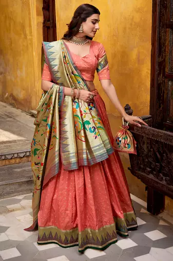 peach paithani silk chaniya choli with zari work