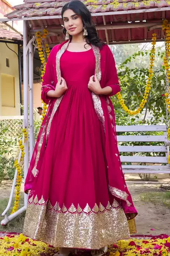 pink georgette gown with sequins embroidery work