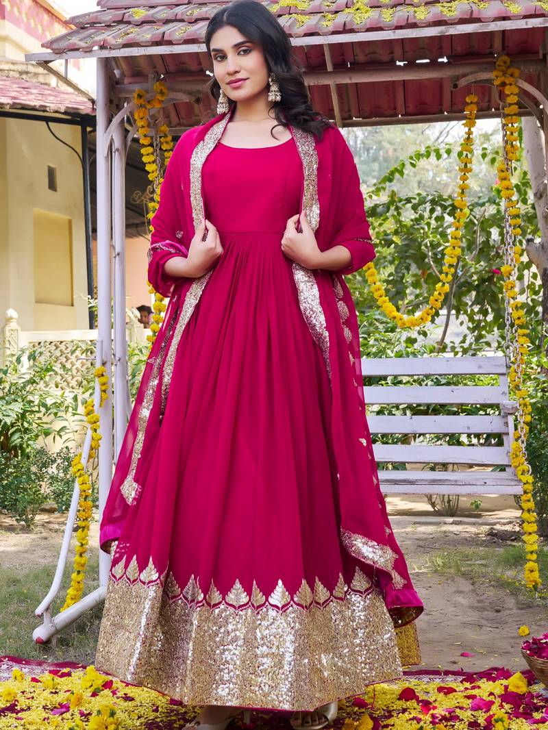 pink georgette gown with sequins embroidery work