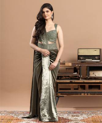 sage green velvet saree with embroidered work 1
