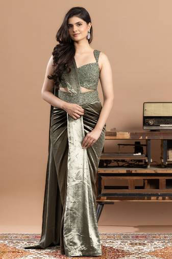 Sage green embroidered velvet saree