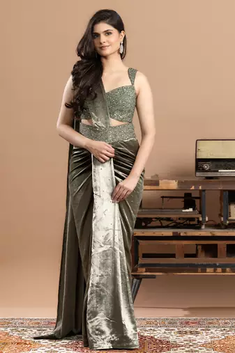 sage green velvet saree with embroidered work