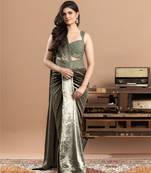 Sage green embroidered velvet saree