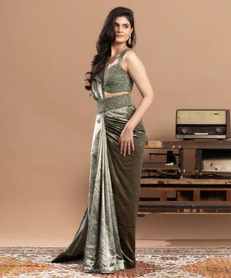 sage green velvet saree with embroidered work 2