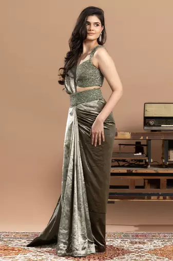 sage green velvet saree with embroidered work