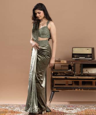 sage green velvet saree with embroidered work 3