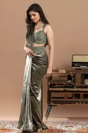 sage green velvet saree with embroidered work