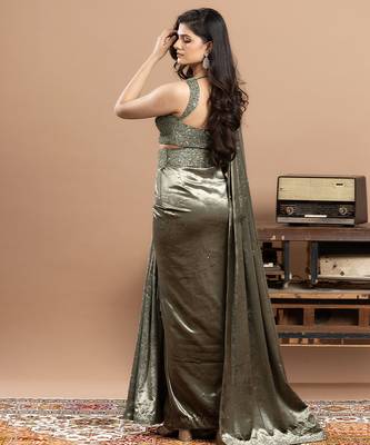 sage green velvet saree with embroidered work 4