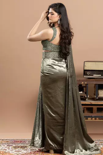sage green velvet saree with embroidered work
