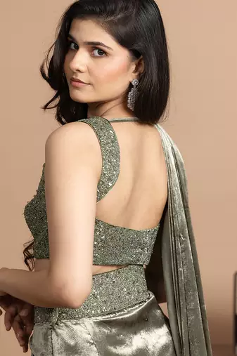 sage green velvet saree with embroidered work