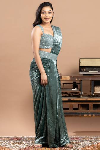 Blue embroidered velvet saree