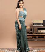 Blue embroidered velvet saree