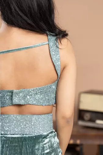 blue velvet saree with embroidered work