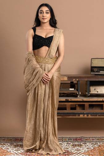 Gold embroidered velvet saree