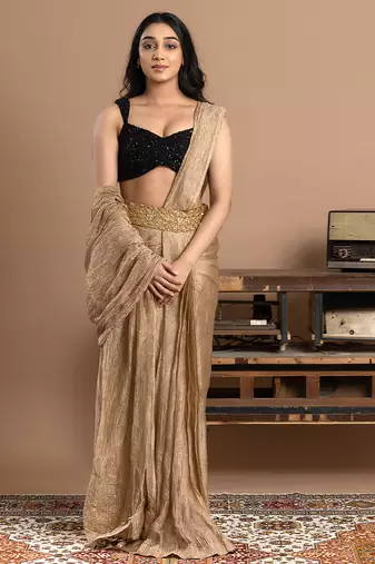 gold velvet saree with embroidered work