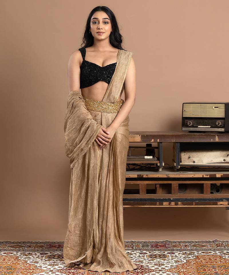 Gold embroidered velvet saree