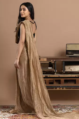 gold velvet saree with embroidered work