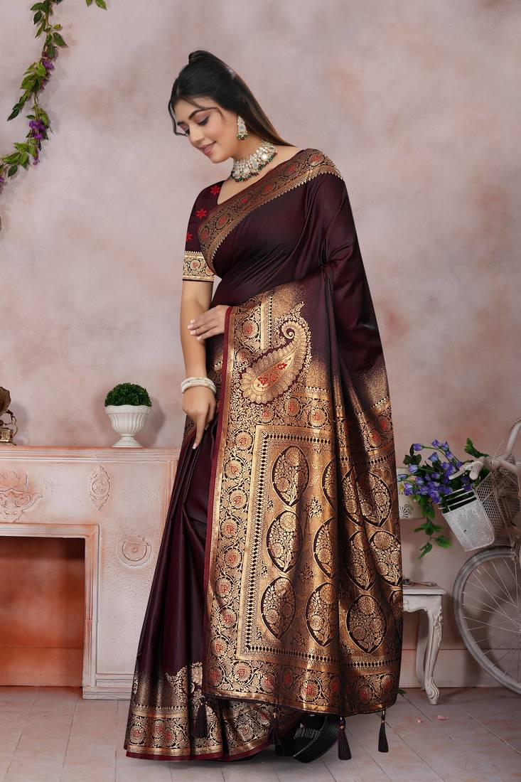maroon banarasi satin silk saree with zari border