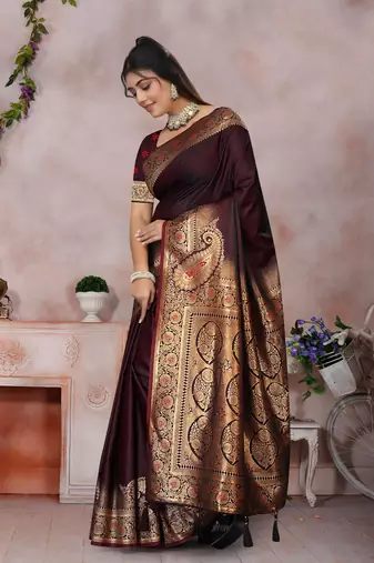 Maroon Banarasi Satin Silk Saree with Rich Gold Zari Pallu & Woven Border