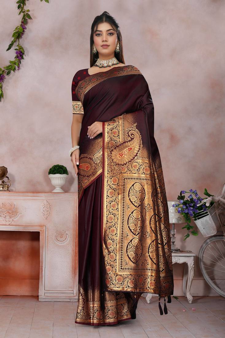 maroon banarasi satin silk saree with zari border