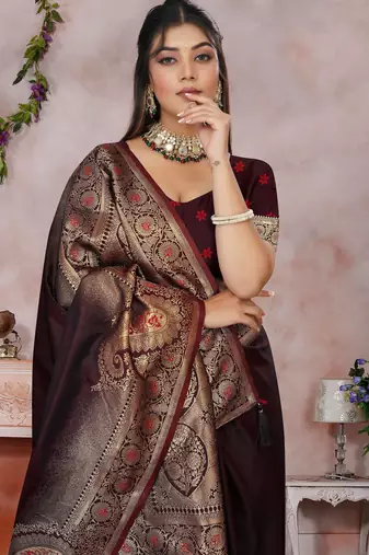 maroon banarasi satin silk saree with zari border