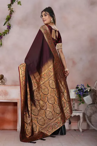 maroon banarasi satin silk saree with zari border