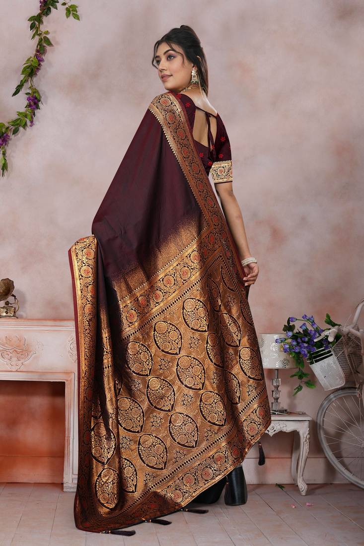 maroon banarasi satin silk saree with zari border