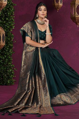 green satin saree with gold zari woven pallu & border