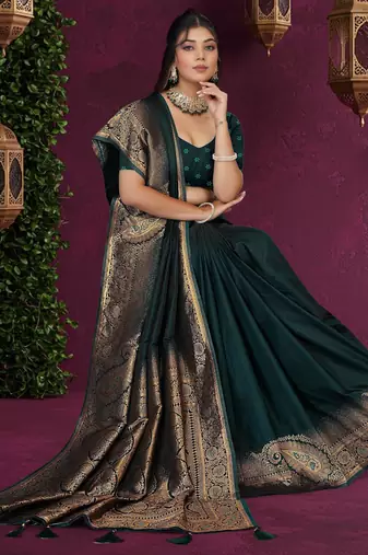 Rama Green Satin Saree with Rich Gold Zari Woven Pallu & Border
