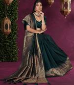 green satin saree with gold zari woven pallu & border