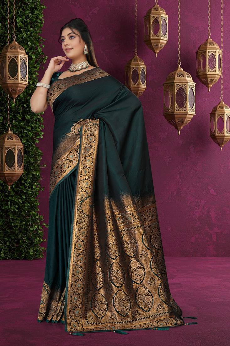 green satin saree with gold zari woven pallu & border