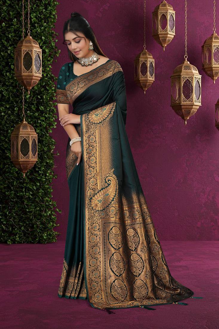 green satin saree with gold zari woven pallu & border