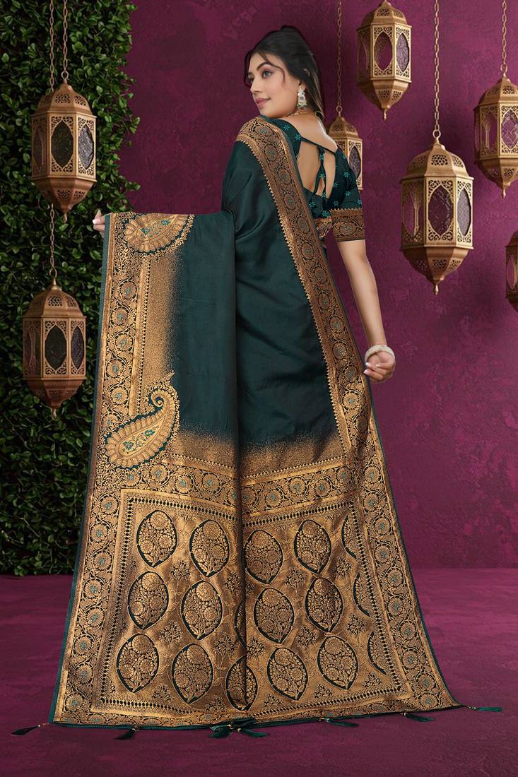 green satin saree with gold zari woven pallu & border