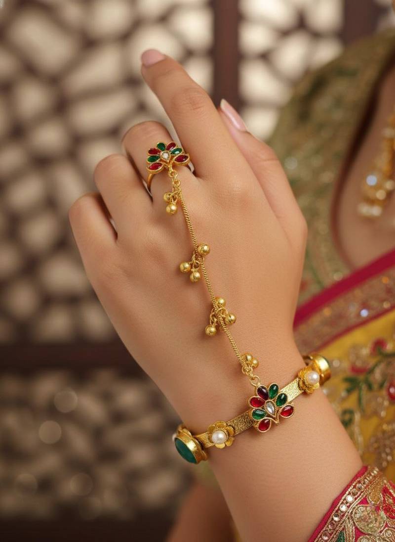 green gold plated kundan hathphool with floral design