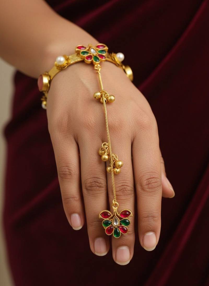 pink gold-plated kundan hathphool with floral design