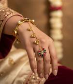 pink yellow-plated kundan hathphool with floral design