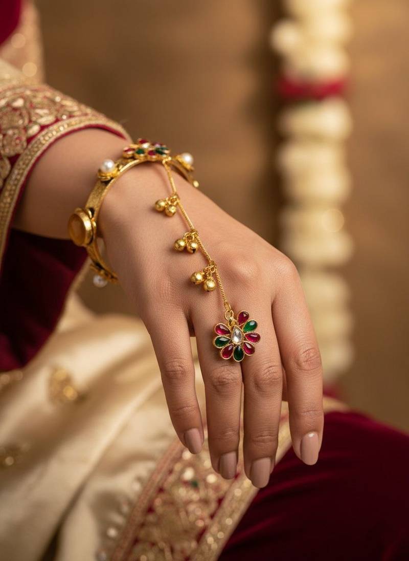 pink yellow-plated kundan hathphool with floral design