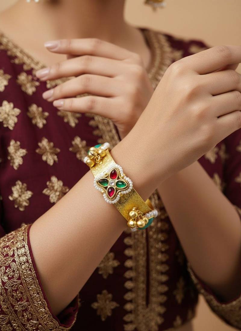 mint gold-plated kundan hathphool with floral design