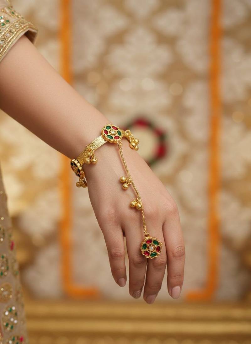 pink multicolor-plated kundan hathphool with floral design