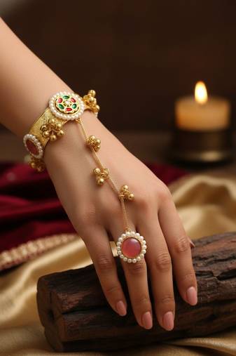 pink gold-plated kundan hathphool with floral design