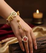 pink gold-plated kundan hathphool with floral design