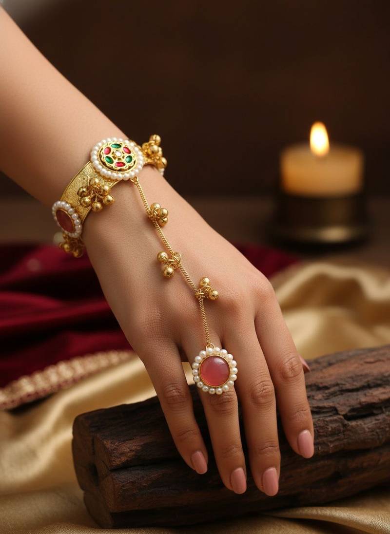 pink gold-plated kundan hathphool with floral design