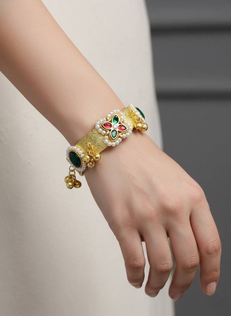green gold-plated kundan hathphool with floral design
