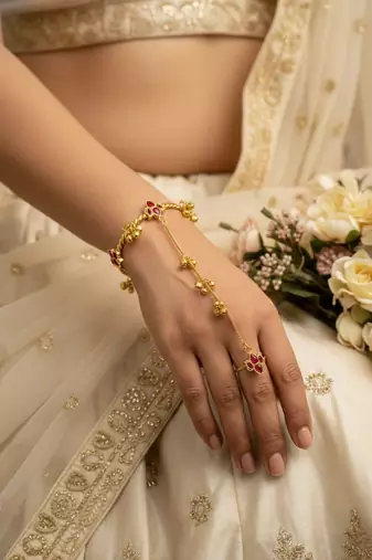 multicolor gold-plated kundan hathphool with floral design