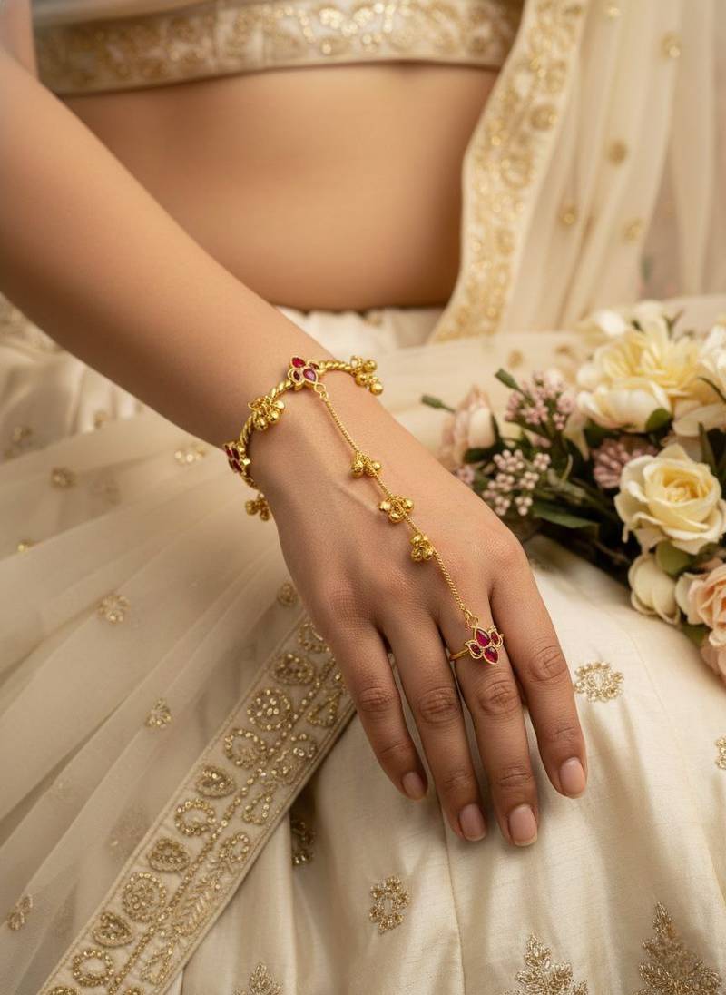 multicolor gold-plated kundan hathphool with floral design