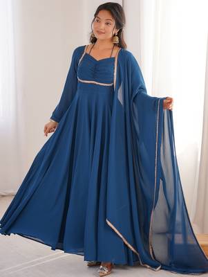 blue georgette gown with embroidered yoke & dupatta 1