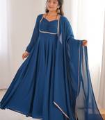 blue georgette gown with embroidered yoke & dupatta