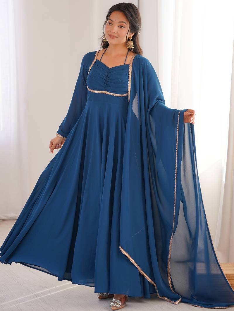 blue georgette gown with embroidered yoke & dupatta